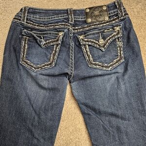 Miss Me Jeans 29 Signature Boot Cut Dark Wash Black White Stitching Flap Pocket